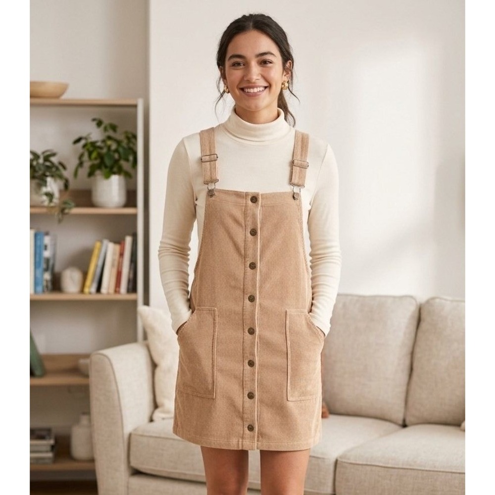 Kori Overall Dress Tan Corduroy Button Front Mini Pinafore Womens Medium NWT